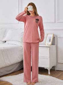 EURMUSE 女士棉质两件套撞色印花细节家居服长袖衬衫和裤子舒适休闲睡衣套装 - 珊瑚粉 - 查看 4