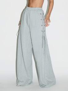 KIZN 系带阔腿慢跑裤女式高腰运动裤休闲家居裤街头时尚松紧腰抽绳裤 - 灰色 - 查看 1