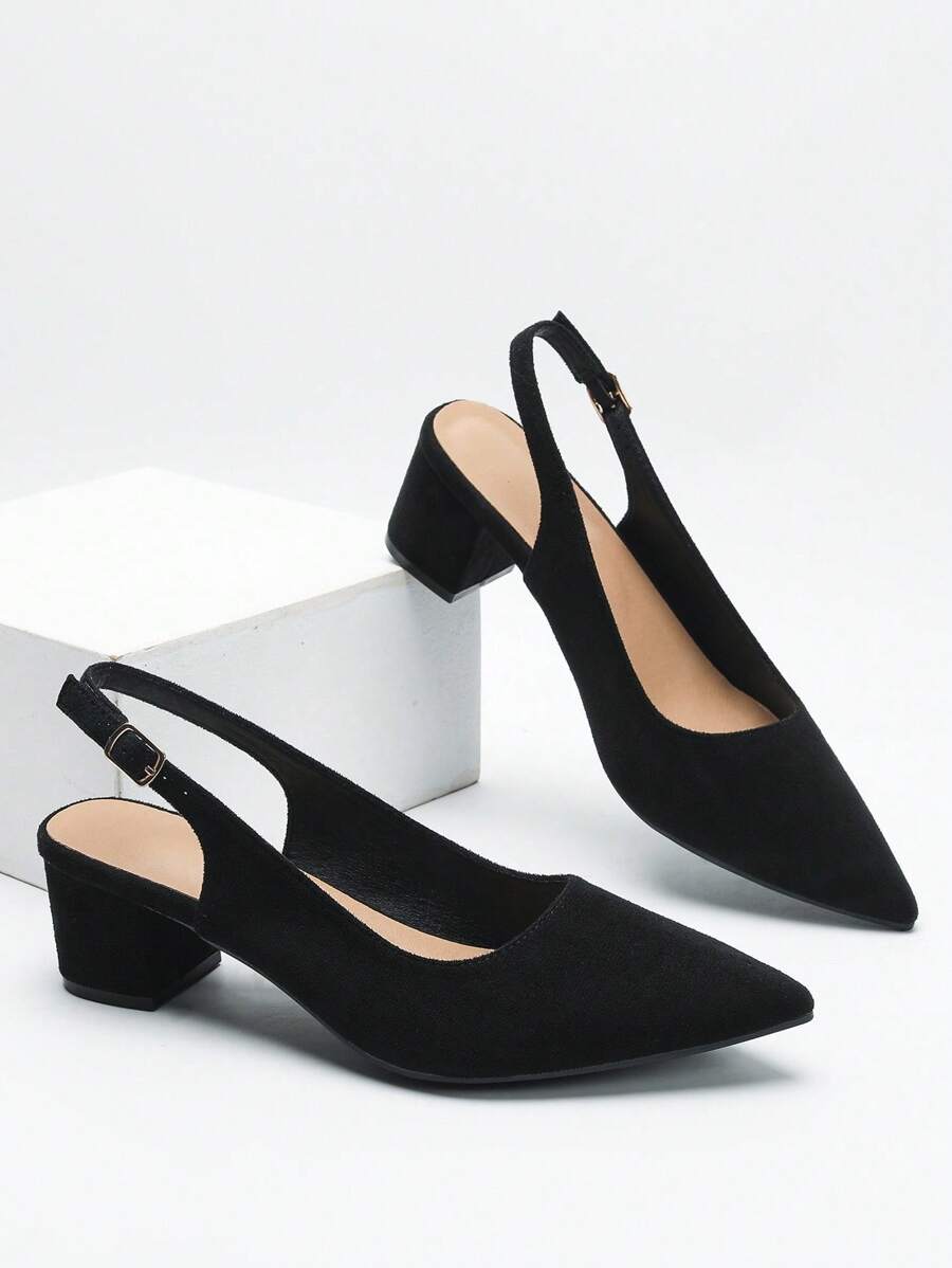 CUCCOO CURVES 宽版女式露趾粗跟露背优雅黑色高跟鞋，时尚派对之选 - 黑色 - 查看 1