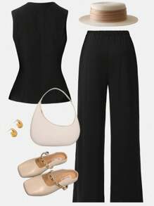 Girlism 青少年女孩无袖上衣和裤子套装，金属纽扣开合，优雅复古风格黑色女士套装黑色套装全套服装套装 - 黑色 - 查看 2