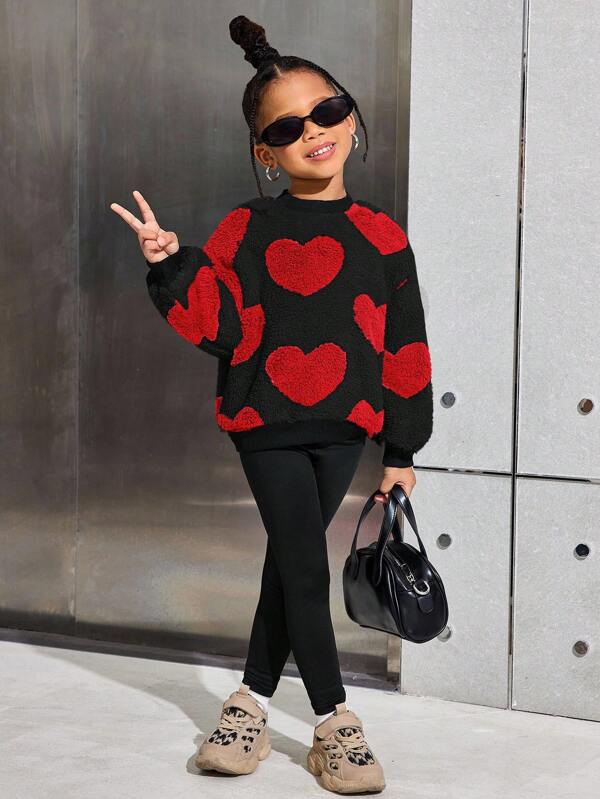 Young Girl Casual Knit Lining Heart Printed Pullover Top & Solid Color Knit Pants Set Heart For Women Girls Plush Sets Girls Heart Outfit Kids Heart Sweater Fall Winter