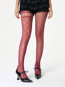 ROMWE Grunge Punk 1 Paar sexy Fischnetz-Strümpfe mit Farbverlauf-Farbe und geometrischem Ausschnittdesign, dünne elastische transparente Strumpfhosen im Y2K-Stil - Bordeaux - Übersicht 2