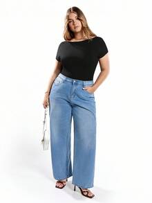 Solavibe Women's Plus Size Black Knitted Skin-Friendly Comfortable Daily All-Match Casual Sporty Sexy Backless Short Sleeve Solid Color Non-Removable Padded Convenient One-Piece T-Shirt Bodysuit, Summer