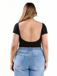 Solavibe Women's Plus Size Black Knitted Skin-Friendly Comfortable Daily All-Match Casual Sporty Sexy Backless Short Sleeve Solid Color Non-Removable Padded Convenient One-Piece T-Shirt Bodysuit, Summer