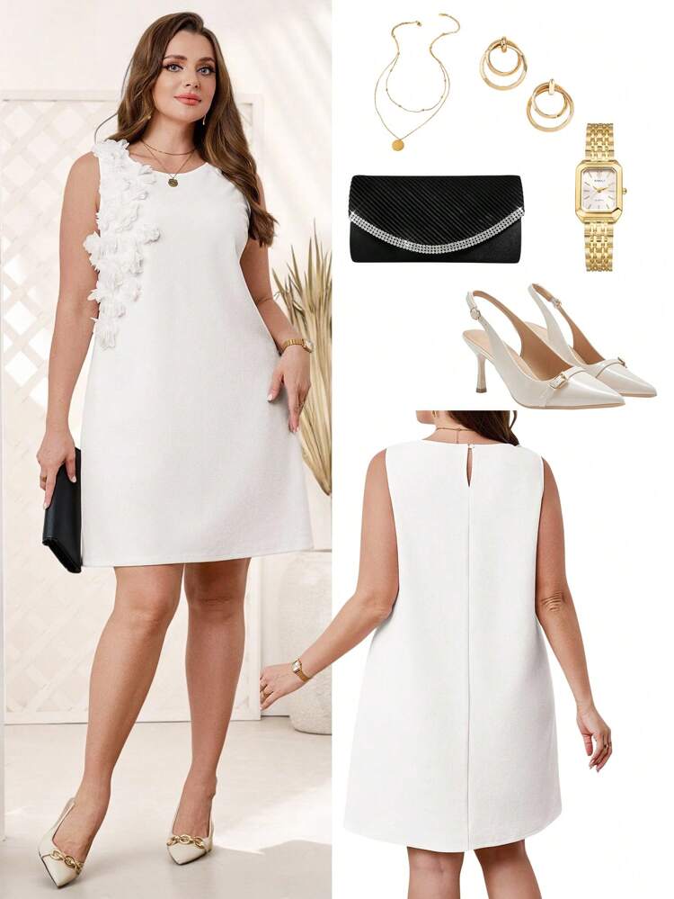 Plus Size Sleeveless Round Neck Handmade 3D Floral Dress For Women, Autumn Plus Size Clothing, Curvy Wedding Guest Dress, Fairy Dress, Business Casual Women's Wear, Elegant Women's Clothing, All-White Party Dress, Fashionable Everyday Wear, Autumn Women's Clothing, Party Dress, White Civil Wedding Dress, Chic Autumn Outfit.