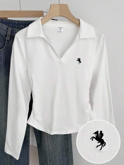 青少年女孩针织纯色刺绣图案休闲翻领长袖短款 T 恤