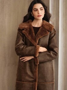 Anewsta Women's Faux Fur Collar Zip-Up Long Casual Urban Fashionable Jacket, Autumn/Winter - Brown - View 5