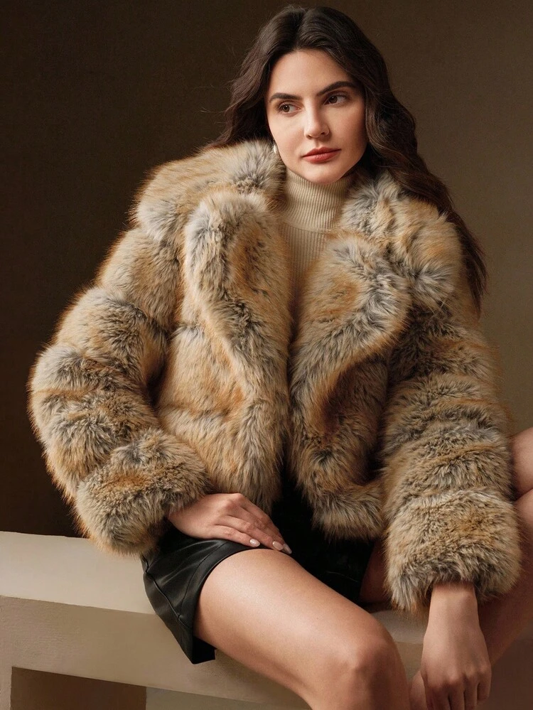 Fashionable Multi-Color V-Neck Long Sleeve Faux Fur Women's Jacket, Suitable For Autumn, Fall, Winter, Going Out, Elegant, Formal, Party, Chic, New Year, Christmas, Graduation, Wedding