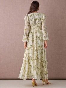 Enchnt 秋冬浪漫女士杏色花卉印花V领长袖荷叶边长裙