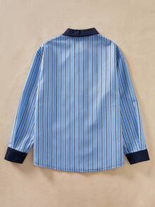 SHEIN Explorewe Casuvi Kid Boys' Striped Print Shirt,Contrast Collar,College Baseball Graphic,Navy Blue,Autumn,Casual,School,Back-To-School,Spring,Vacation Wear - Blue - View 2