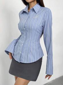 Feyla Blue School Blouse Striped Embroidered Asymmetrical Cuff Cinched Waist Long Sleeve Shirt - Blue - View 2