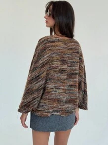 Aloruh 女式复古条纹扭结长袖套头衫，秋冬 - 棕色 - 查看 2