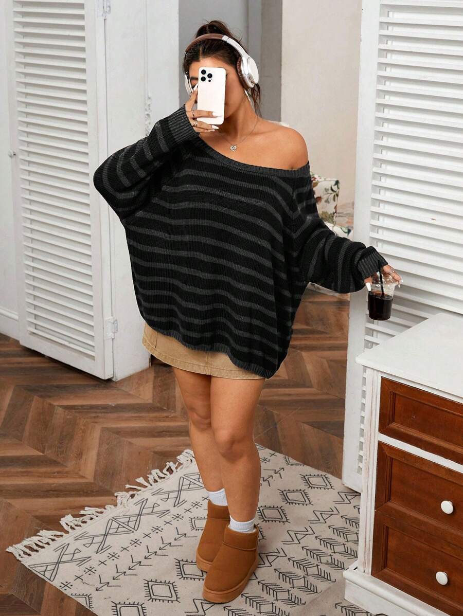 SHEIN EZwear 大码条纹插肩长袖休闲毛衣，秋冬