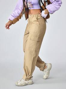 Jeans cargo de couleur unie décontractés pour femmes - Kaki - Voir 6