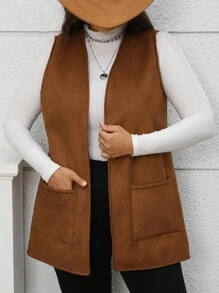 EMERY ROSE 大码女式保暖内衬口袋背心外套，适合秋冬季节，大码秋季服装，女士冬季服装，商务休闲女装，优雅女装，乡村风女装，时尚日常穿搭，女士秋季服装，秋冬时尚单品 - 棕色 - 查看 8