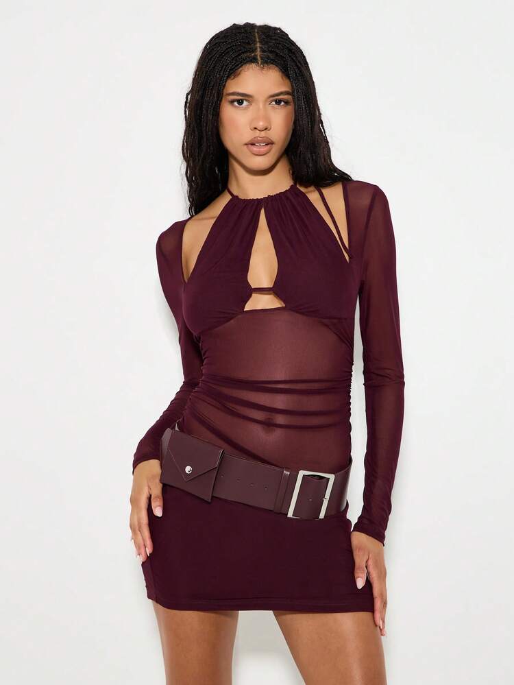 KIZN Long Sleeve Mesh Bodycon Dress With Cutout Halter Neck