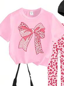 Setelan 2 Potong untuk Anak Perempuan: Kaos Grafis Motif Leopard Pink dengan Hiasan Pita dan Legging, Pakaian Sekolah Kasual untuk Anak Perempuan Remaja. - MultiWarna - View 6