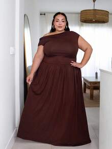 Pretty and Ole 大码女式优雅超级百搭弹力面料黑色或日常穿着、派对、露肩、大码女式、A 级连衣裙、女士生日连衣裙 - 咖啡棕 - 查看 6