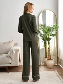 EURMUSE Women 2 Pcs Button Front With Contrast Binding Bow Detail Homewear Set - Dark Green - View 2