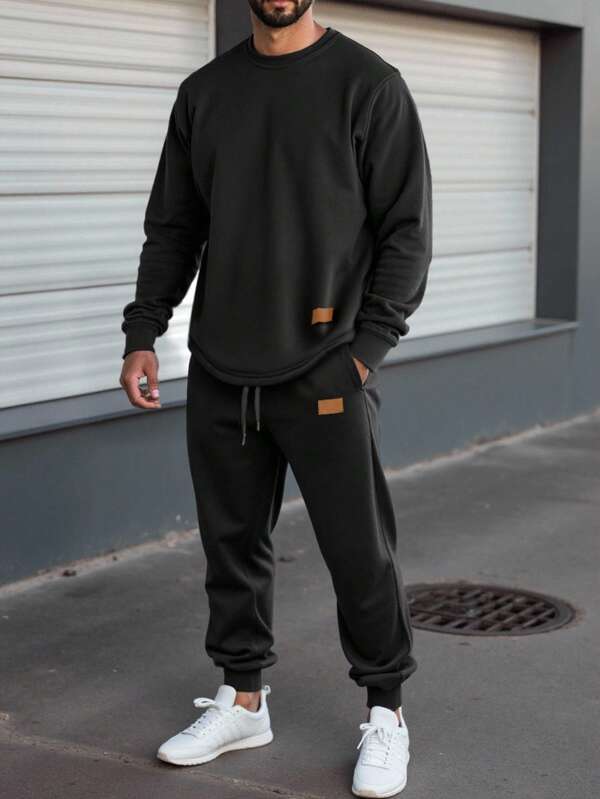 Manfinity Homme Ensemble Sweat-shirt ample et pantalon de jogging à taille élastique avec détails patchwork, grande taille pour hommes