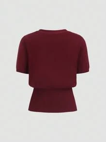 Sweetra 全新酒红色金属纽扣V领收腰都市时尚休闲针织短袖开衫 - 酒紅色 - 查看 2