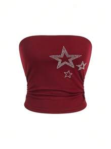 ROMWE Grunge Punk Rhinestone Decor Star Pattern Strapless Top For Ladies, For Carnival
