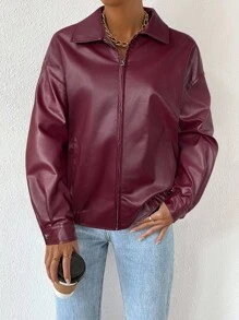 SHEIN EZwear Chaqueta de cuero corta con cremallera y hombros caídos para otoño/invierno - Rosa Roja - Ver 3