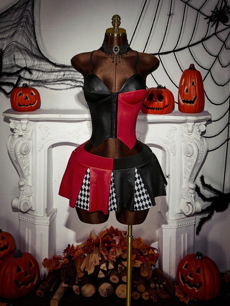 Amplova Bộ 2 trang phục chú hề Halloween với áo crop top chắp vá màu tương phản và chân váy mini xếp ly rộng - Đỏ - Xem 3