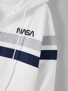 Manfinity Homme 男式字母印花抽绳连帽拉链白色运动衫，秋季 - 白色 - 查看 5