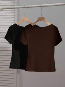 SHEIN EZwear 2pcs Women's Square Neck Short Sleeve Casual Slim Fit T-Shirts, Black & Dark Brown, Suitable For Summer, Outfits , Beach Women, Holiday - Multicolor - View 2