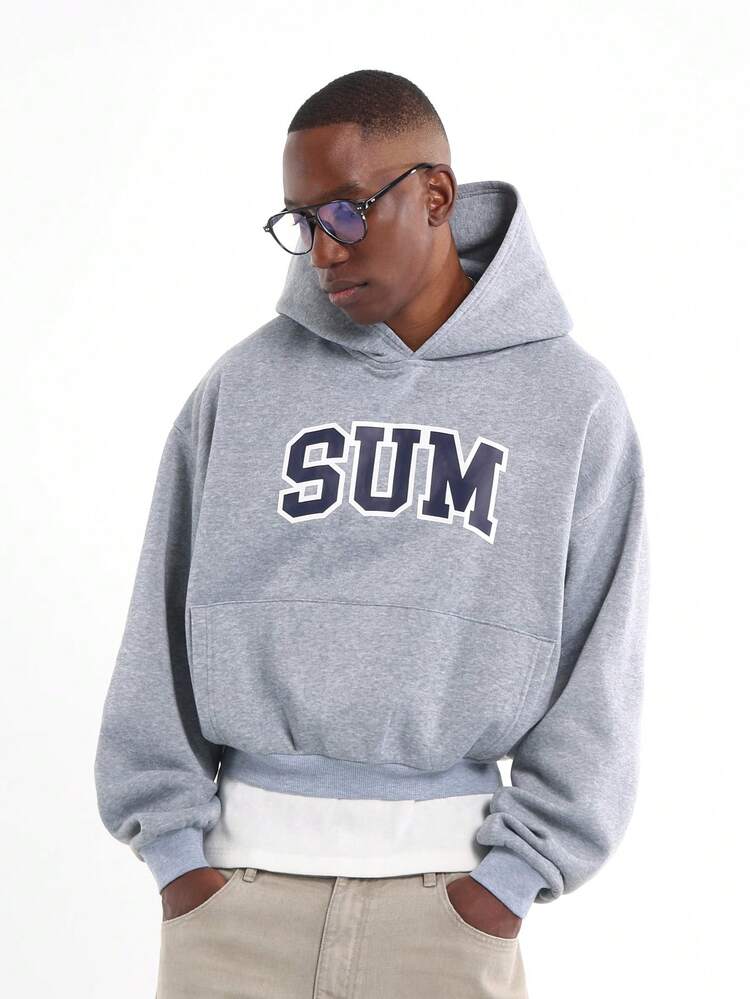 Oversized Crop Hoodie With SUM Print And Drawstring
