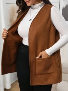 EMERY ROSE 大码女式保暖内衬口袋背心外套，适合秋冬季节，大码秋季服装，女士冬季服装，商务休闲女装，优雅女装，乡村风女装，时尚日常穿搭，女士秋季服装，秋冬时尚单品 - 棕色 - 查看 9