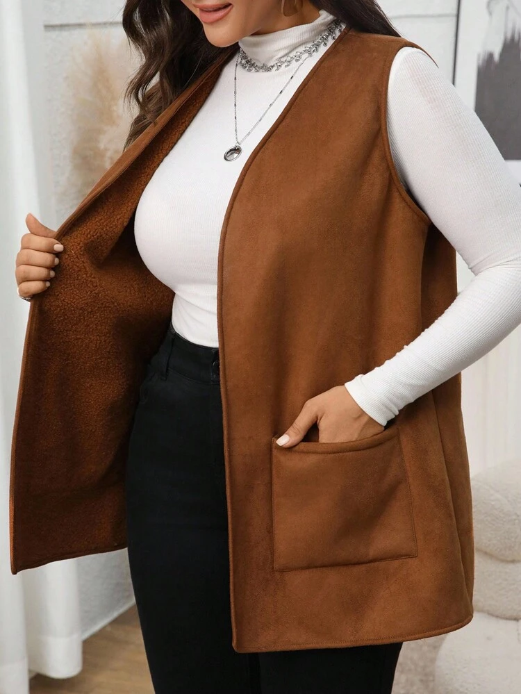 Plus Size Women Thermal Lined Pocket Vest Coat, Suitable For Autumn/Winter,Fall,Winter Women,Business Casual,Classy,Country,For Stylish Everyday Wear,Fall,Chic Autumn&Winter