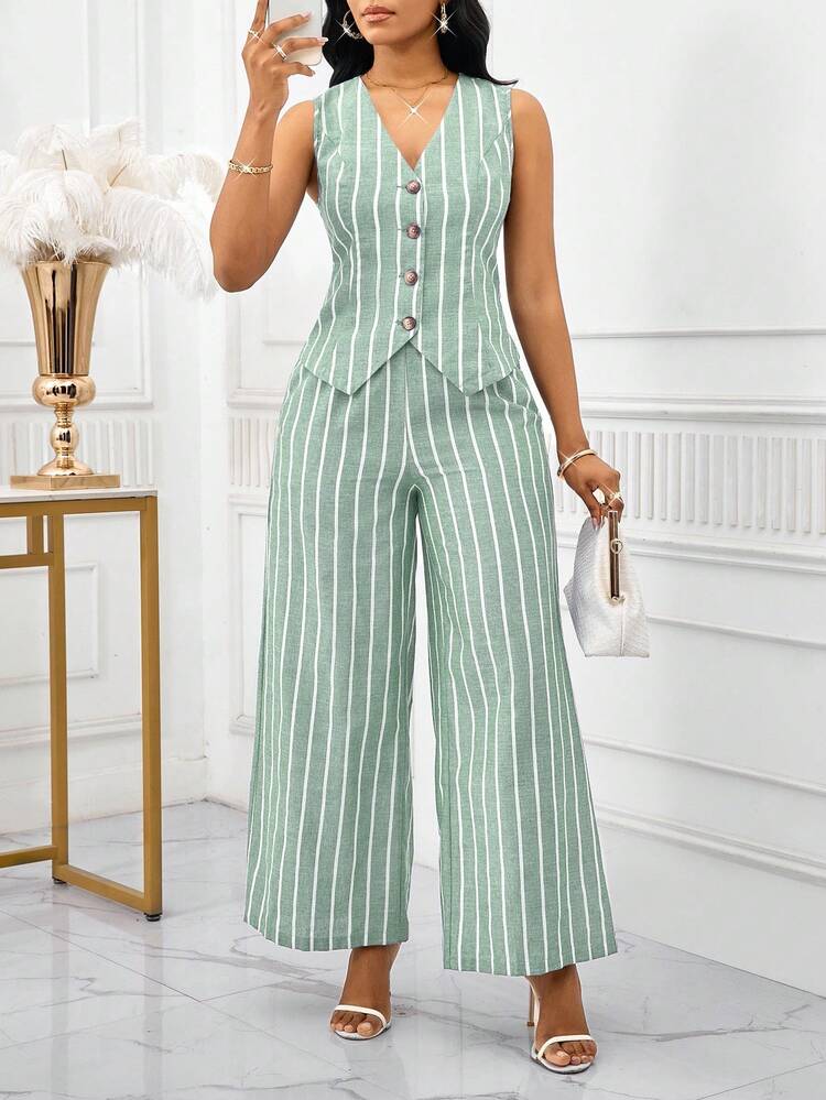 SHEIN Lady 大码优雅通勤条纹前扣背心和阔腿裤两件套，夏季 - 綠色 - 查看 3