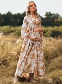 SHEIN Umstandskleid mit Rüschenärmeln, Knopfleiste vorne, mehrlagiges fließendes Kleid, weite Passform mit Blume Muster - Khaki - Übersicht 6