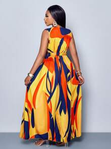 SOLERSUN 女式加大码简约日常全身印花深 V 领无袖长裙（随机印花） - 彩色 - 查看 2