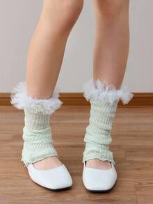 ROMWE Kawaii 1双可爱波尔卡圆点花卉网眼彩色腿套 - 綠色 - 查看 3