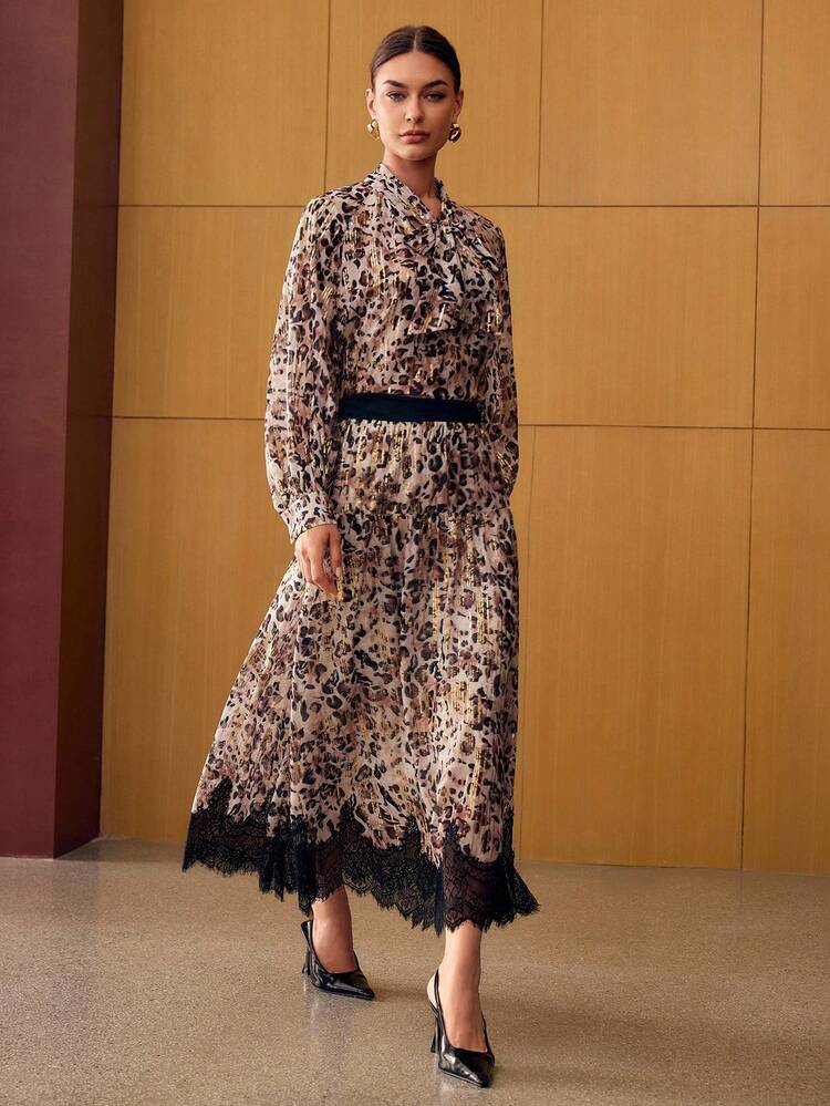 CONTRAST LACE LEOPARD SKIRT