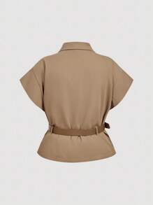 SHEIN MOD 加大码咖啡棕色盖袖翻领前开皮带纽扣西装外套，短款风衣背心 - 咖啡棕 - 查看 2