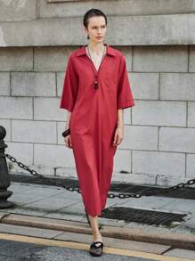 Lumivelle 女士宽松亚麻V领长连衣裙，夏季新款美拉德印花连衣裙，棕色系夏季大学校园服装 - 鏽棕色 - 查看 5