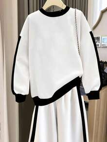 INAWLY 2 件套女士休闲运动套装，骑士刺绣撞色圆领运动衫和运动裤 - 彩色 - 查看 2