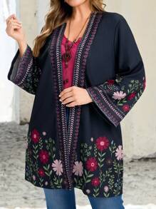 EMERY ROSE 大码女式花卉印花开襟羊毛衫，春秋季度假风格 - 彩色 - 查看 7