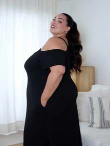 Pretty and Ole Plus Size Femei Culoare Solidă Rochie Simplă Zilnic Tinuta Maxi Femei - Negru - Vizualizare 5