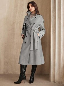 Anewsta 女式秋冬灰色条纹现代长款双排扣翻领风衣 - 灰色 - 查看 7