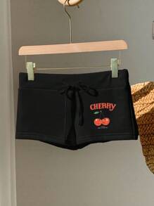 Comfortcana Black Cherry Print Drawstring Waistband Skinny Shorts,Comfy Shorts - Black - View 6