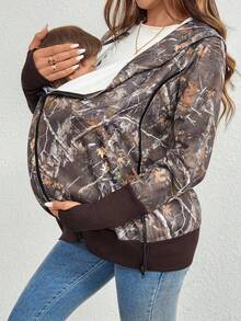 SHEIN Maternity Camouflage Print Zip Up 3-In-1 Nursing Hooded Coat Women's Fall Clothes Halloween Clothes - Army Green - View 4