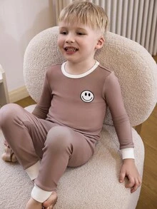 4pcs/Set Young Boy Casual Solid Color Patchwork Crew Neck Long Sleeve Top And Pants Homewear Set - Brown - View 7