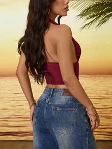 女式纯色深 V 领褶皱短款修身性感吊带背心 - 酒紅色 - 查看 2
