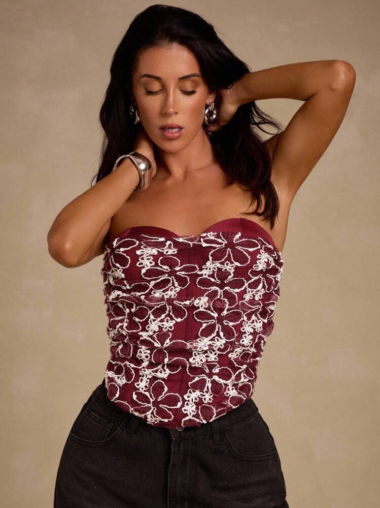 Glamine 性感甜美撞色3D花卉网眼褶皱钢圈女式紧身胸衣 - 酒紅色 - 查看 4
