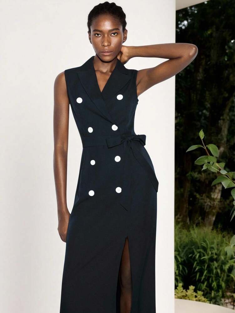 SHEIN Maija Women's Solid Color Lapel Collar Double-Breasted Waist Tie Front Sleeveless Long Dress Vest Dress Button Dress Tuxedo Dress Women Captains Dinner Dress